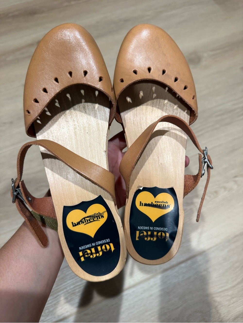 Swedish Hasbeens Tan Leather Slingback Clogs